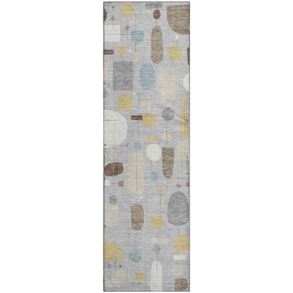 Mayfield Premium Machine Washable Abstract AMF2393 Silver 2 ft. x 7 ft. Runner Rug