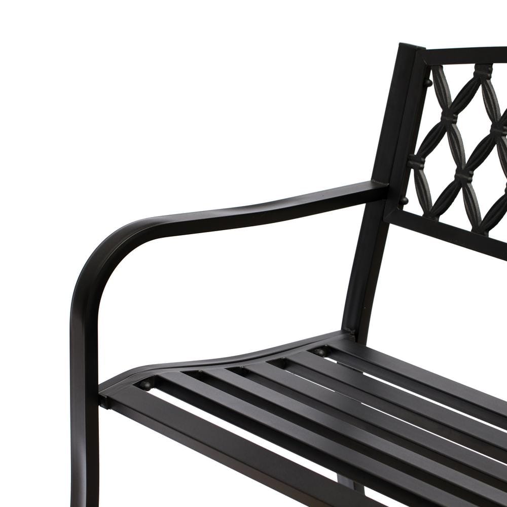 Black Steel Outdoor Garden Bench with Cast Iron Backrest