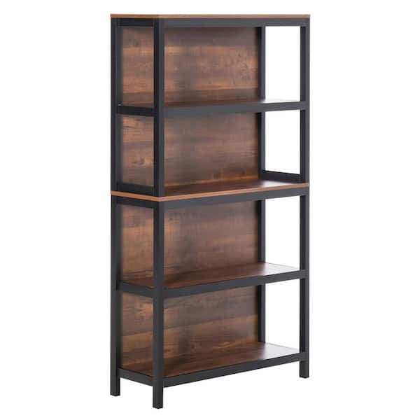 HOMCOM 59.75 in. Black/Walnut Wood 4-Shelf Modern Standard Bookcase with Back Support