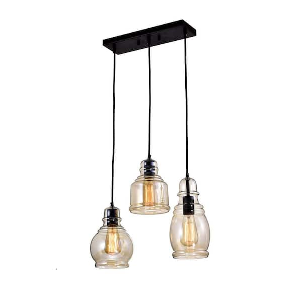 Carol 6.3 in. W Antique Black 3-Light Cognac Glass Cluster Pendant Light