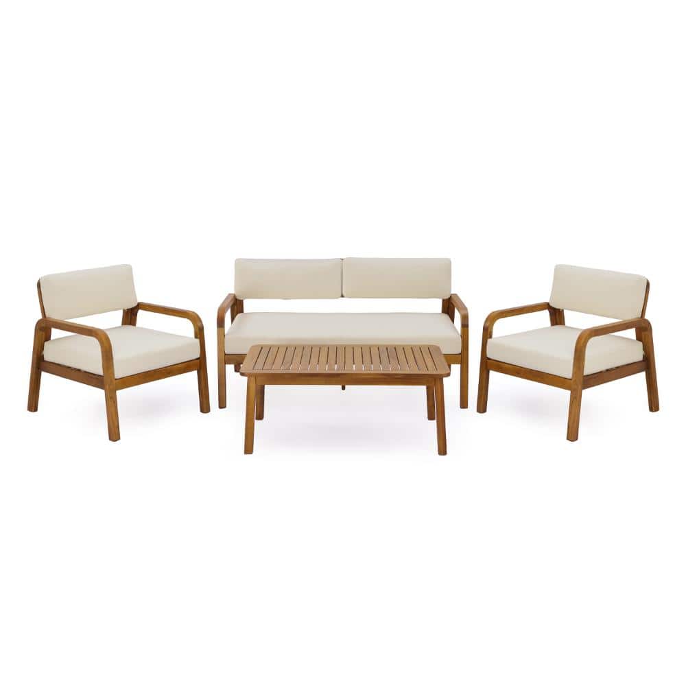 4-Pieces Acacia Wood Outdoor Sofa Set with Cream Cushions Outdoor Loveseat & Coffee Table Set,Teak price history on PriceWatchPro