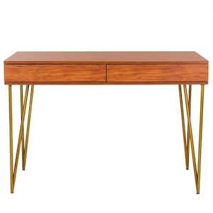 Pine 44 in. 2-Drawer Brown/Gold Writing Desk