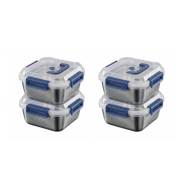 4-Pieces Extra Large Stainless Steel Food Storage Containers Airtight Blue Lids for Kitchen Organization