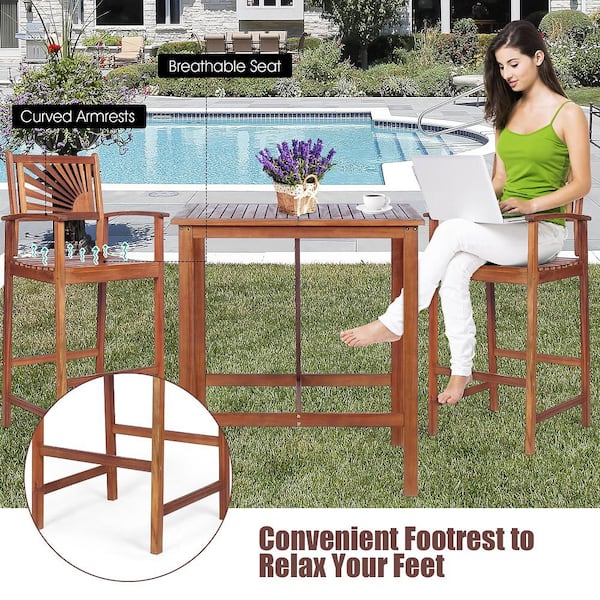 3PCS Bar Set Acacia Wood Bar Height Patio Bistro Dining Set Outdoor