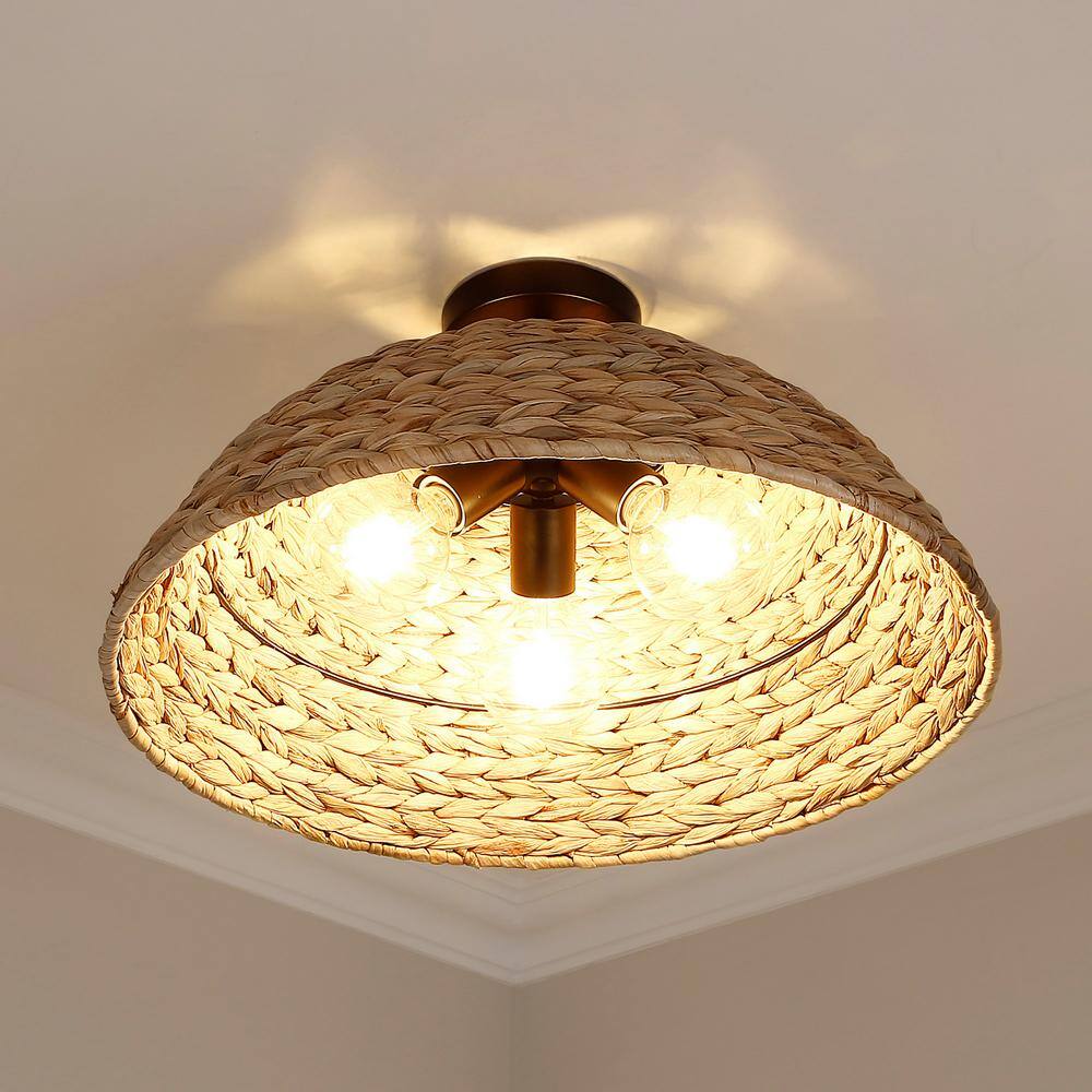 Matte Black and Woven Sweet Grass Semi-Flush Mount Light