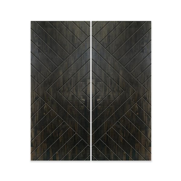 CALHOME 84 in. x 84 in. Hollow Core Charcoal Black Stained Pine Wood Interior Double Sliding Closet Doors