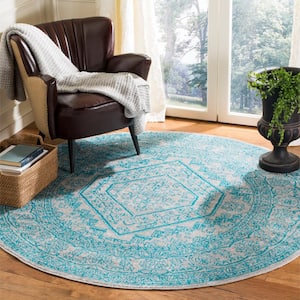 Adirondack Light Gray/Teal 6 ft. x 6 ft. Round Border Area Rug