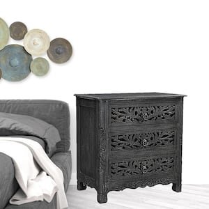 30 in. Distressed Black Three Drawer Floral Carved Solid Wood Nightstand