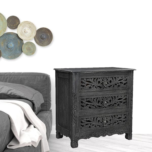 HomeRoots 30 in. Distressed Black Three Drawer Floral Carved Solid Wood Nightstand