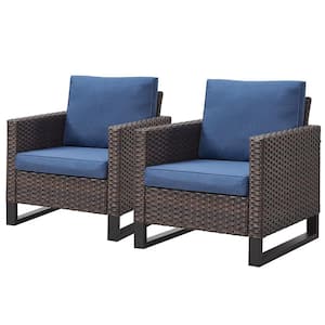Brown Wicker Outdoor Patio Lounge Chair with CushionGuard Blue Cushions (2-Pack)