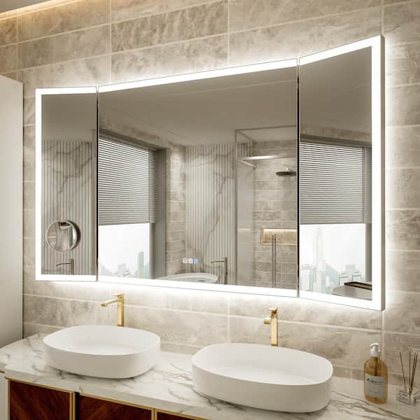 ANGELES HOME 60 in. W x 36 in. H Rectangular Framed Tri-Fold Backlit Front Light LED Wall Bathroom Vanity Mirror, Defog 10x Magnifier