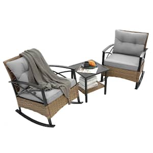 3-Piece Wicker Indoor and Outdoor Rocking Chairs and Table Bistro Set with Gray Thick Cushions