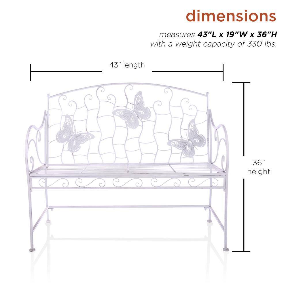 White Metal Butterfly Backrest Garden Bench, 43"