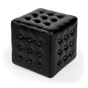 Leon Black Leather Square Single Cube Ottoman