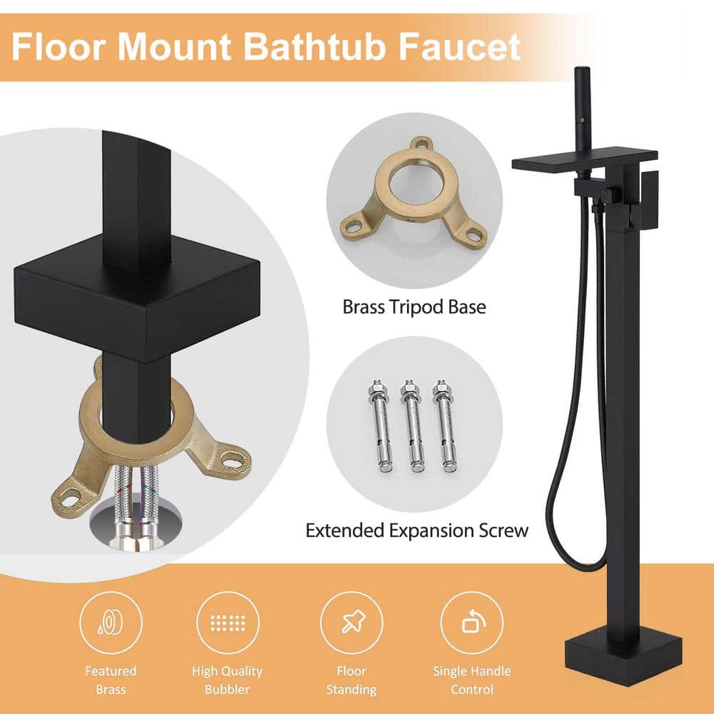 Matte Black Solid Brass Freestanding Tub Faucet with Hand Shower
