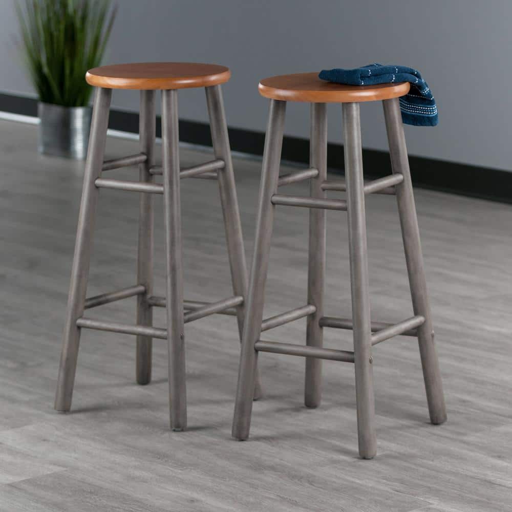 Transitional Gray and Teak Wood Backless Bar Stools, 29" Height