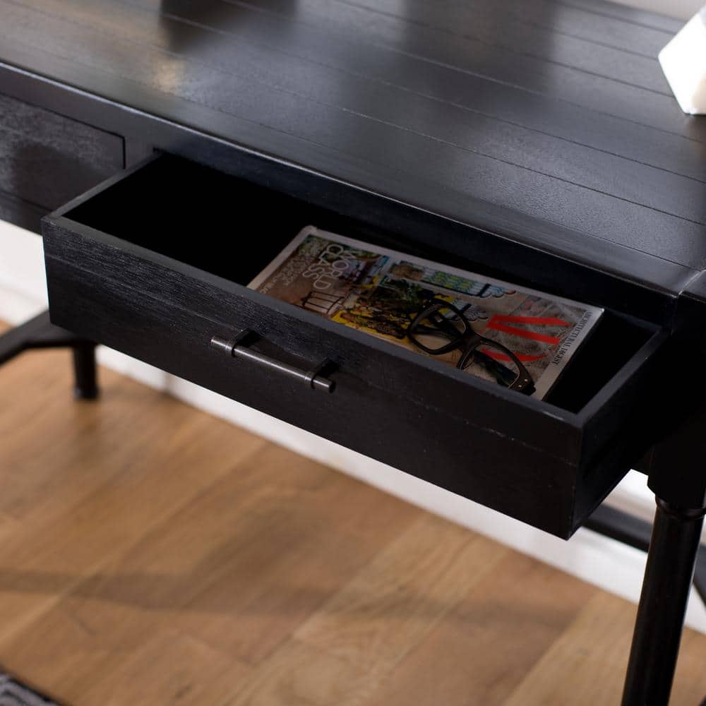 Elegant Carved Black Wood Writing Desk with Dual Storage Drawers