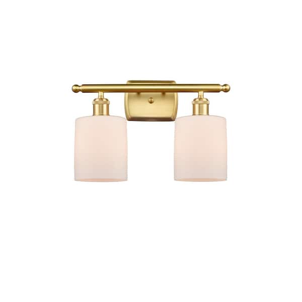 Innovations Cobbleskill 16 in. 2 Light Matte White, Satin Gold Vanity Light with White Glass Shade
