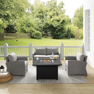 Bradenton 4-Piece Wicker Patio Fire Table Seating Set with Gray Cushions