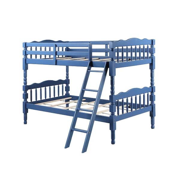 ANBAZAR Twin Over Twin Wooden Bunk Bed with Ladder in Blue Wood Finish