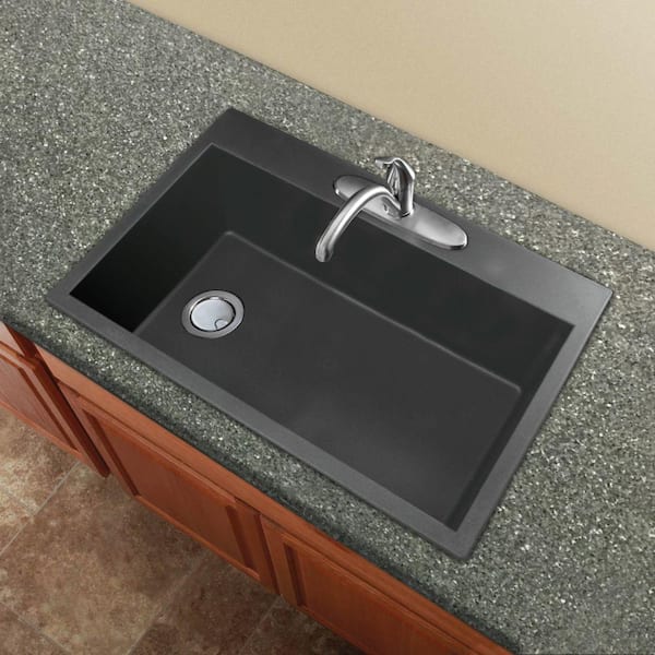 Radius Drop-in Granite 33 in. 3-Hole Single Bowl Kitchen Sink in Grey