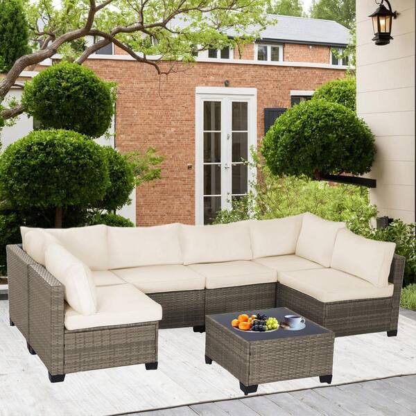 Tenleaf 7-Piece Wicker Patio Conversation Set with Beige Cushions ...