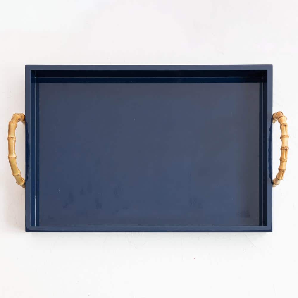 Navy Bamboo and Metal Coastal Serving Tray with Handles
