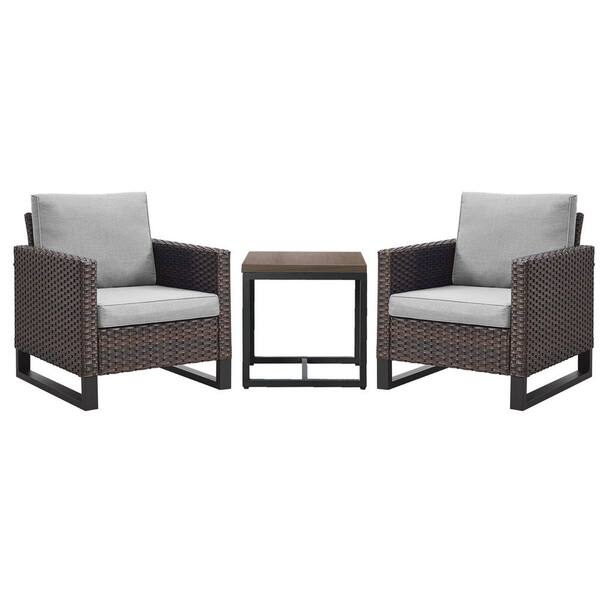 Brown 3-Piece Wicker Patio Conversation Set, Outdoor Lounge Chairs with Side Table and Gray Cushions