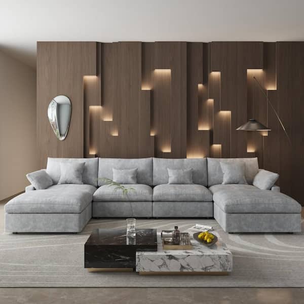 155.9 in. Square Arm 6-piece Linen Modular Sectional Sofa in. Gray with Ottoman, Living Room Couch, Customizable Design