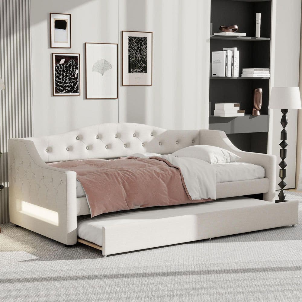 Beige Twin XL Size Daybed with LED Belt and Trundle