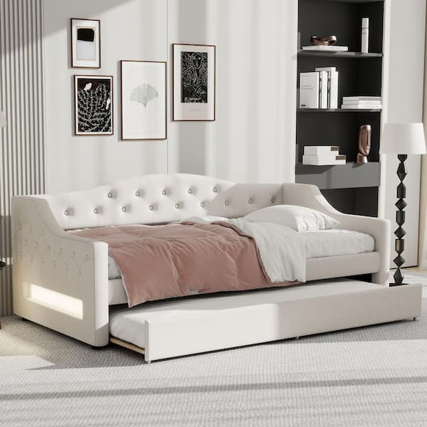 Beige Twin Size Daybed with LED Belt and Trundle
