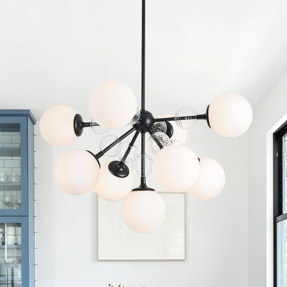 Carla 9-Light 30.3 in.W Matte Black Modern Sputnik Chandelier with Milk Glass and Ribbed Glass forLiving Room price history on PriceWatchPro