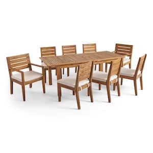 Nestor Sandblast Natural 9-Piece Wood Outdoor Dining Set with Beige Cushions
