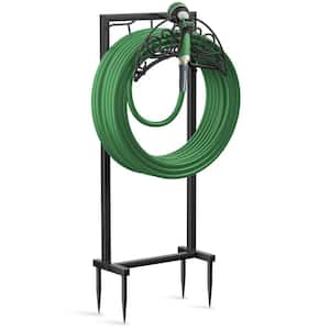 Black Heavy Duty Rust-Resistant Metal Garden Hose Storage Stand Freestanding Water Hose Holder with 4 Spikes