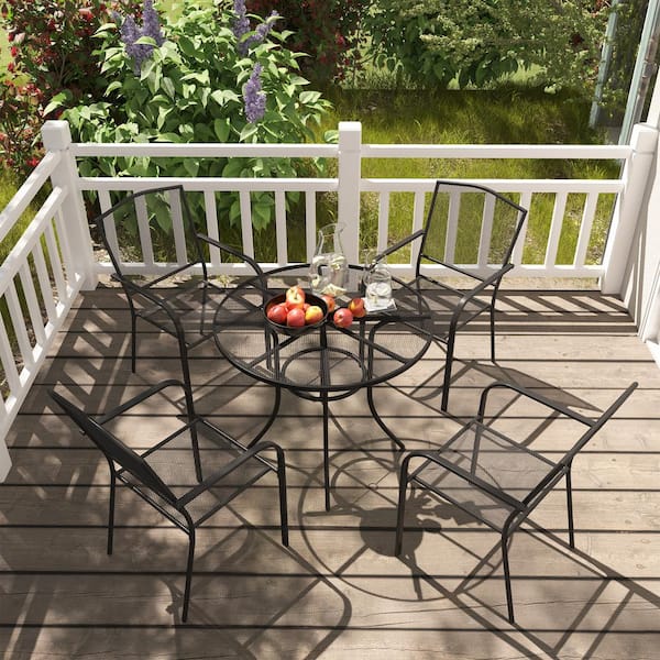 Clihome 5-Piece Metal Outdoor Dining Set with Mesh Table and 4-Chairs, Umbrella Hole, All-Weather Steel Frame, Random Umbrella
