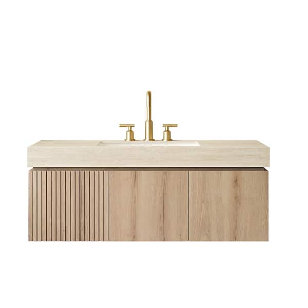 TCYO 48 in. Wall-Mounted White Oak Bath Vanity with Beige Sintered ...