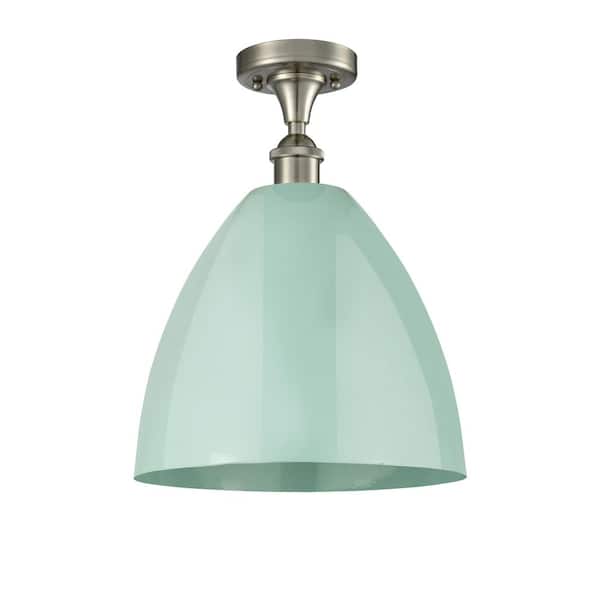 Plymouth Dome 12 in. 1-Light Satin Nickel Industrial Semi-Flush Mount with Seafoam Shade