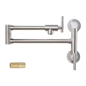 Brass Wall Mounted Pot Filler with Double Handle in Brushed Nickel