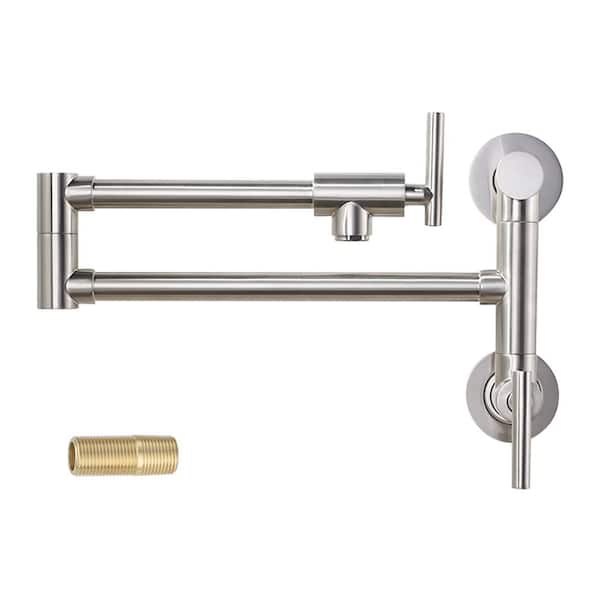 ARCORA Brass Wall Mounted Pot Filler with Double Handle in Brushed Nickel