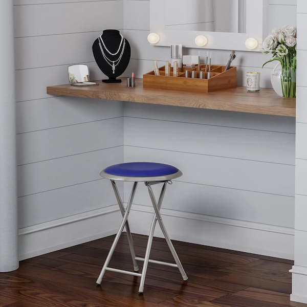 Backless 18 in. Round Folding Stool with Padded Seat, Blue Portable Counter Bar Stool for Kitchen or Rec Room