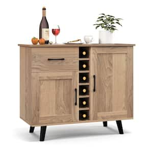 Natural 2-Door Wood Top 35.5 in. Wine Bar Cabinet Kitchen Sideboard Buffet with Drawer and Adjustable Shelves