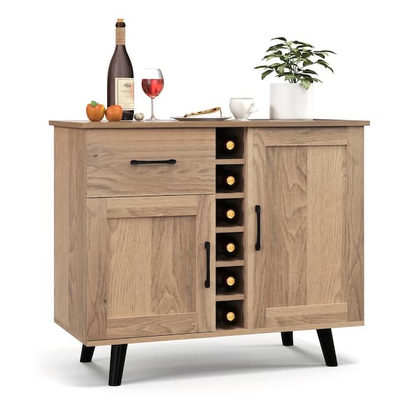 Costway Natural 2-Door Wood Top 35.5 in. Wine Bar Cabinet Kitchen Sideboard Buffet with Drawer and Adjustable Shelves