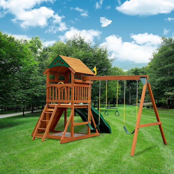 Professionally Assembled Outing III Kids Outdoor Playground Set with Wood Roof, 2 Slides, Sandbox, Rock Wall, Swing Set