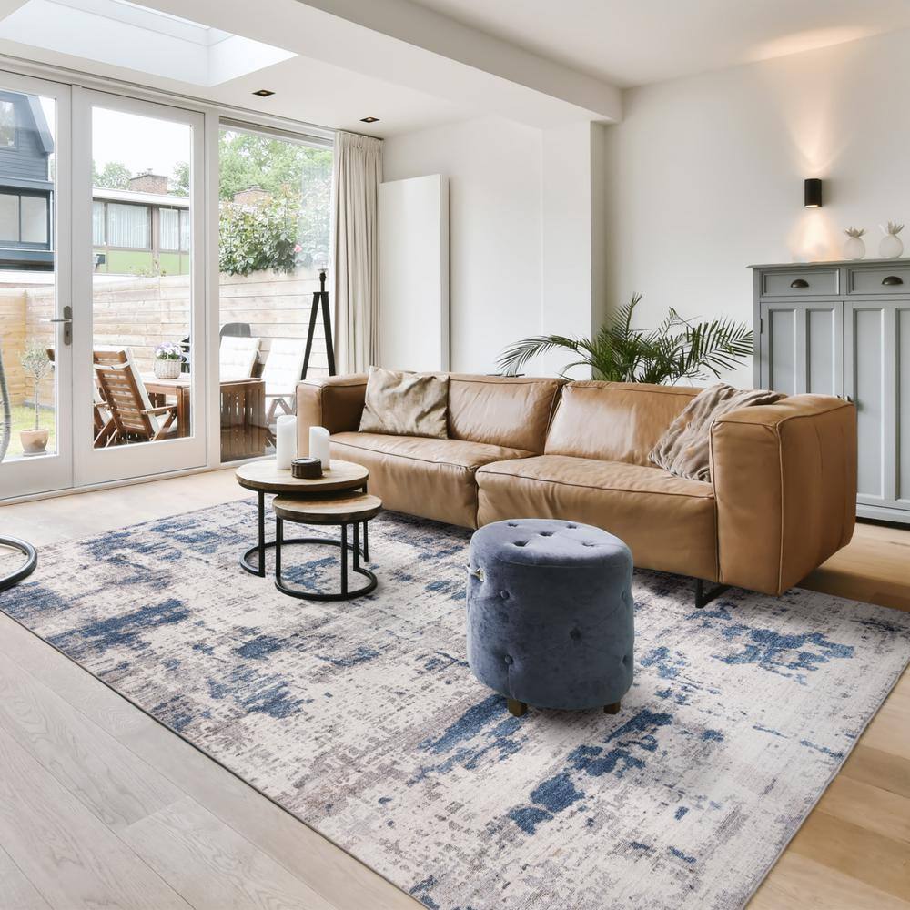 Cenis Blue and Gray Abstract Washable 8' x 10' Area Rug