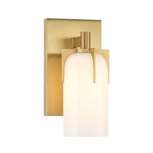 Caldwell 4.75 in. 1-Light Warm Brass Bathroom Vanity Light with Etched White Opal Glass Shade