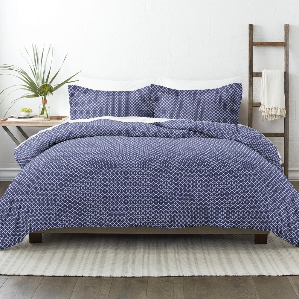 Navy Geometric Pattern Microfiber Queen Duvet Cover Set