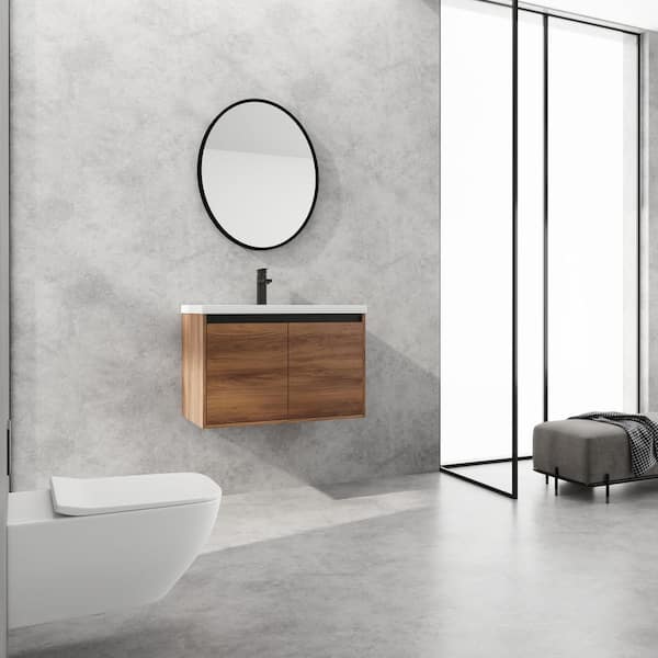 Elegant 29.53 in. W x 18.11 in. D x 20.47 in. H Single Sink Brown Ebony Floating Bath Vanity with White Resin Top