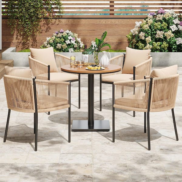 Patio Round Table and 4-Piece Rattan Wicker Patio Chair Outdoor Dining Set with Brown Cushions