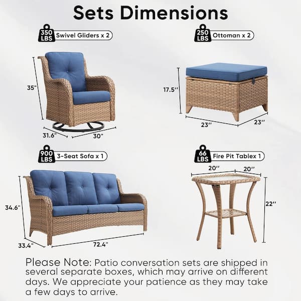 6-Piece Yellow Wicker Patio Conversation Set with Olefin Blue Cushions and Swivel Glider Chairs/Couch