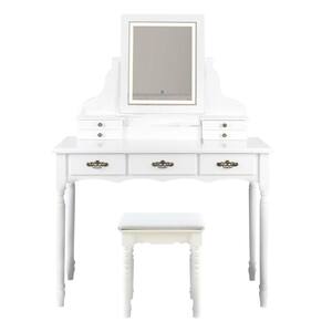 2-Piece 7-Drawers White LED Vanity Set Makeup Dressing Table with Cushioned Stool